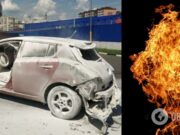 В Хмельницком на парковке ТЦ сгорел электромобиль Nissan. Видео пожара